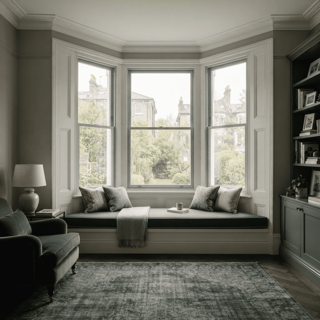 Secondary glazing following each facet of a Victorian angled bay window in a London living room