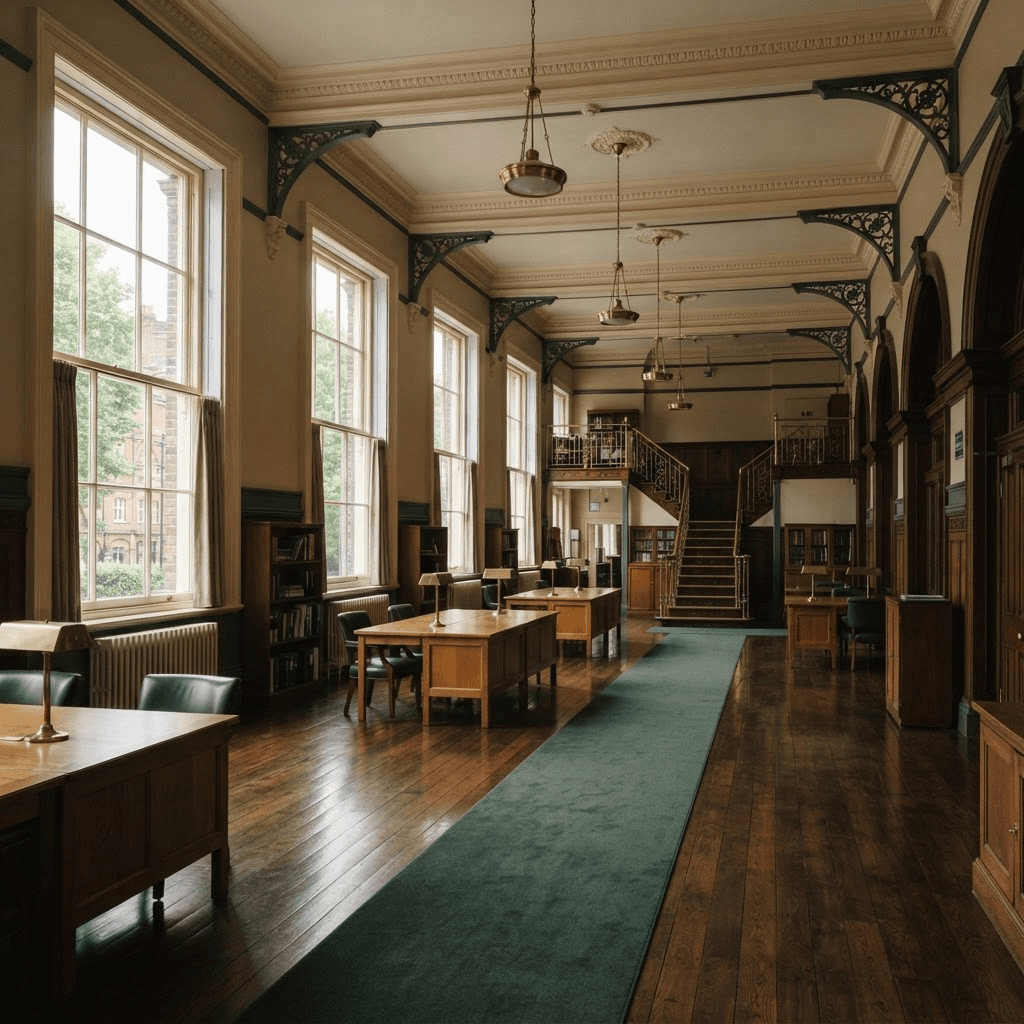 Tall original sash windows in a heritage London school hall fitted with discreet slimline secondary glazing on the inside