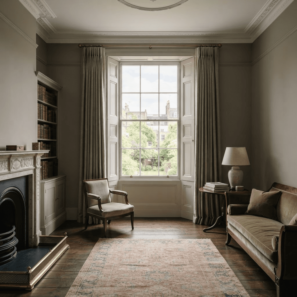 Reversible secondary glazing fitted behind original panelled shutters in a Grade II listed Georgian drawing room
