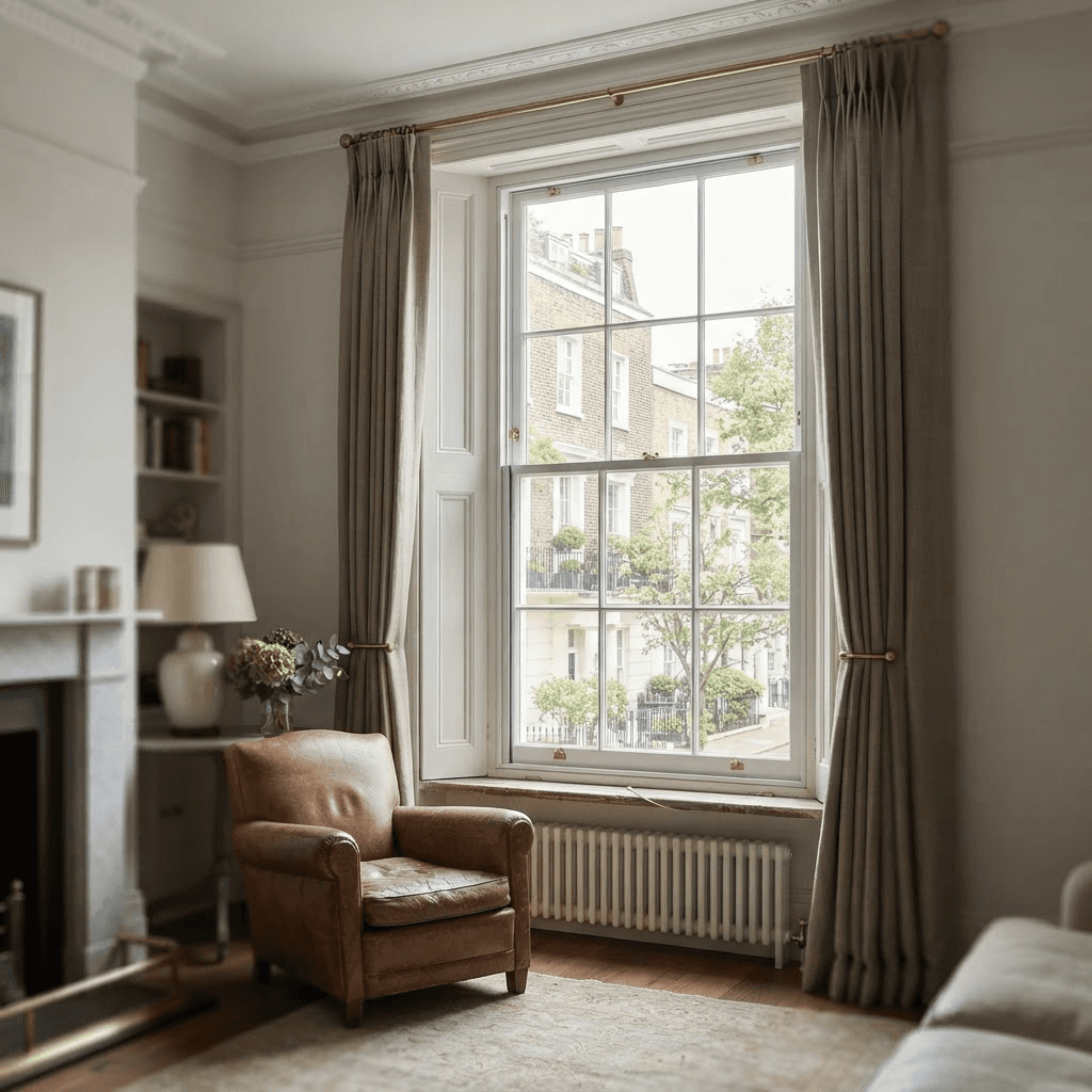 Slimline secondary glazing fitted inside a tall Georgian timber sash window in a London period room