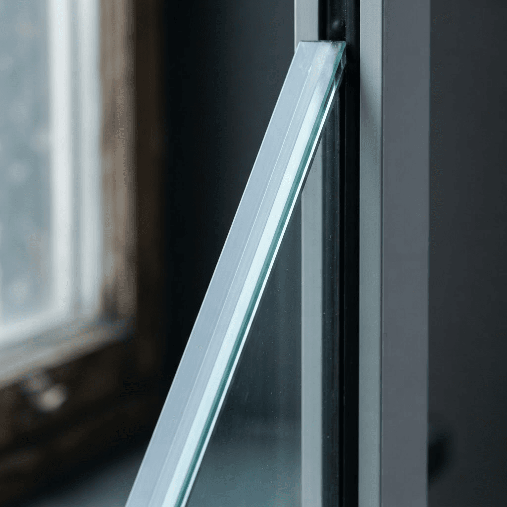 Acoustic laminated glass with a damping PVB interlayer Close-up of acoustic laminated glass showing the PVB interlayer between two panes in a slimline secondary glazing frame