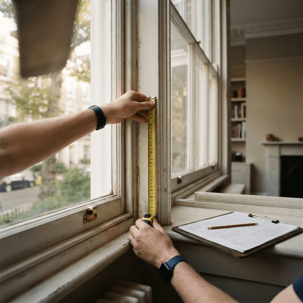 Measuring a period sash window during a free survey Tape measure held against the timber reveal of a period sash window during a free secondary glazing survey