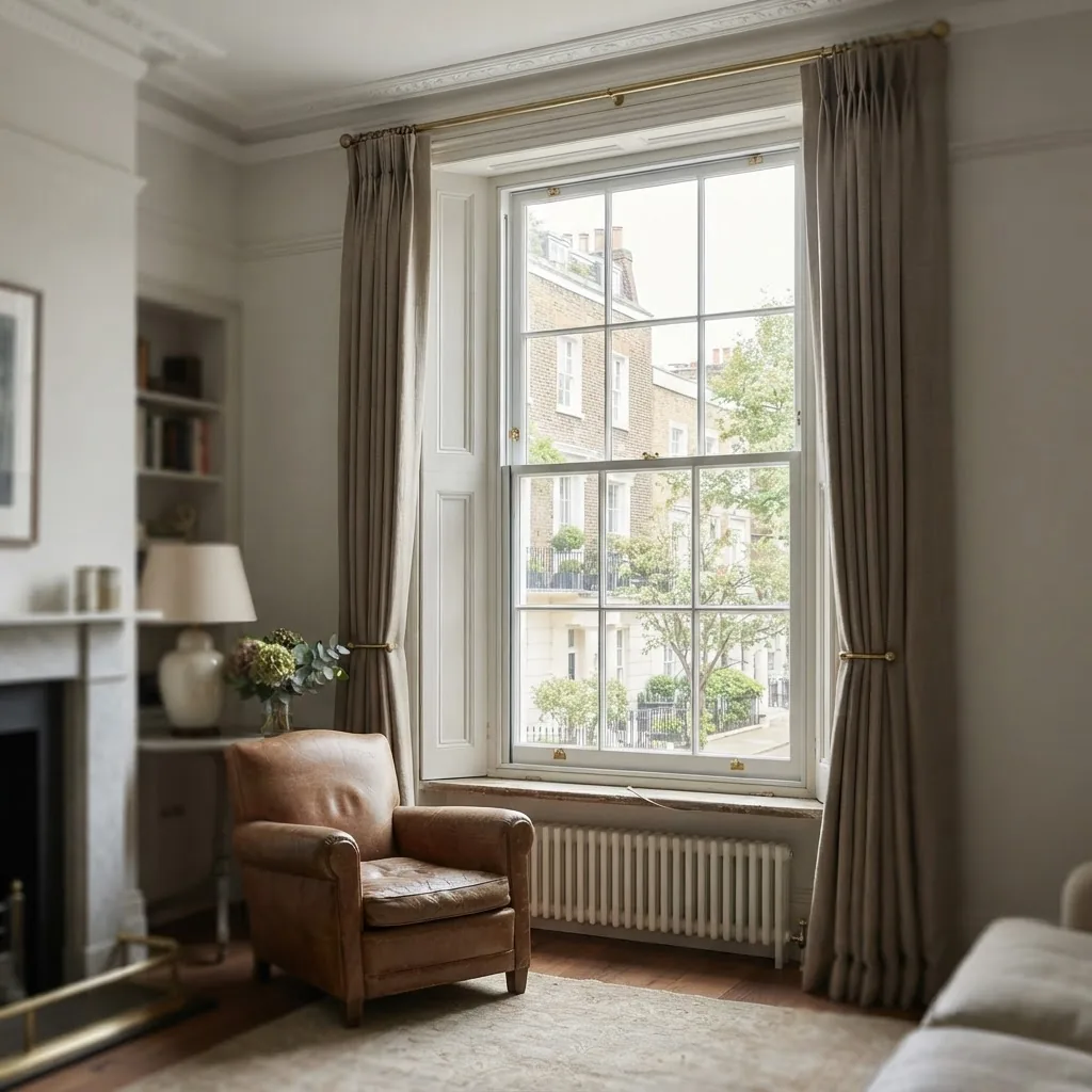 Slimline secondary glazing fitted inside a tall sash window in a period room.