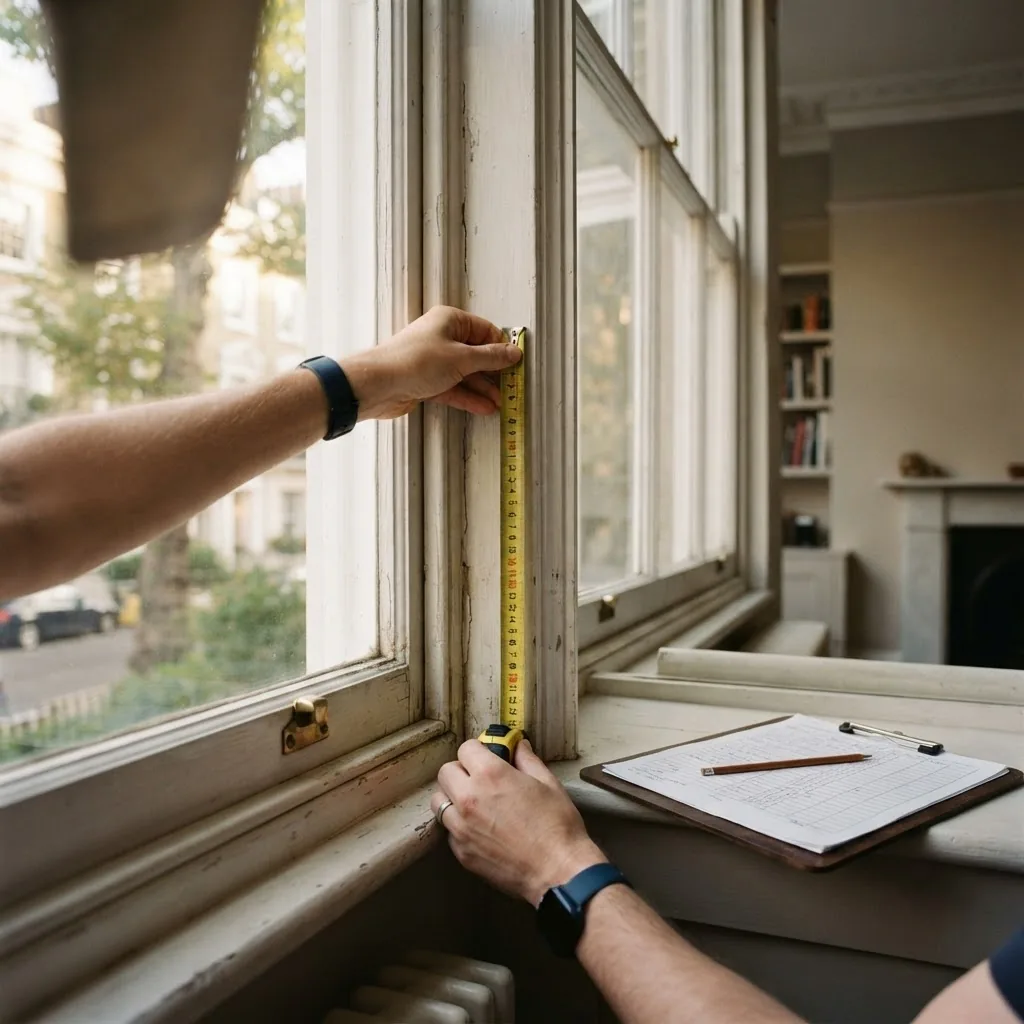 A professional measuring the reveal of an original timber window before secondary glazing installation.